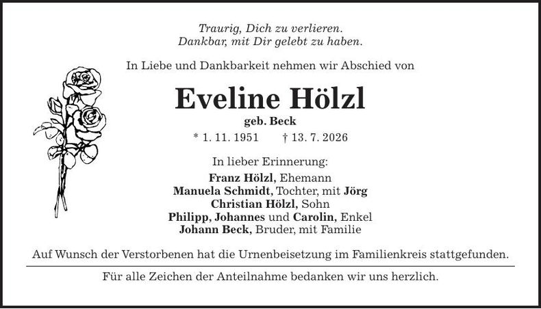 Traueranzeige Eveline Hölzl