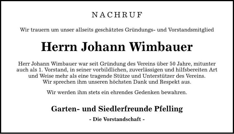 Traueranzeige Johann Wimbauer
