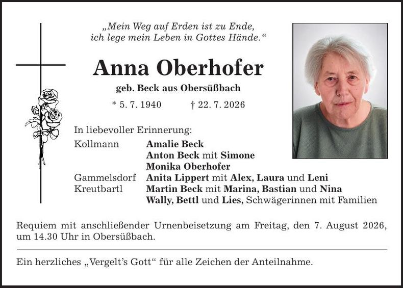 Traueranzeige Anna Oberhofer