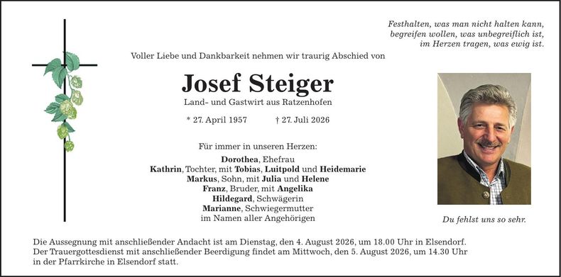 Traueranzeige Josef Steiger