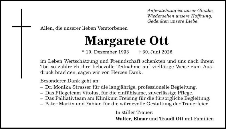 Traueranzeige Margarete Ott