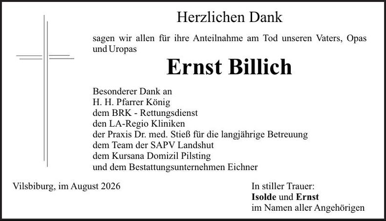 Traueranzeige Ernst Billich