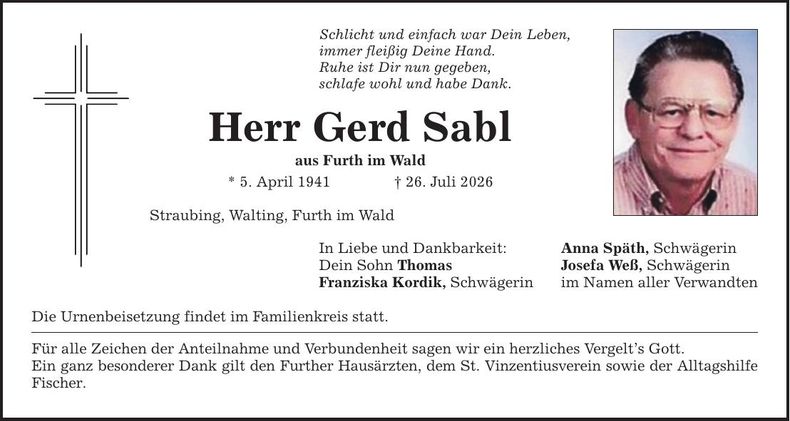 Traueranzeige Gerd Sabl