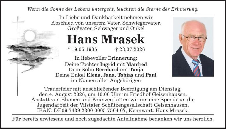 Traueranzeige Hans Mrasek