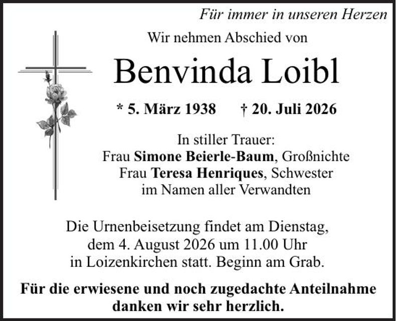 Traueranzeige Benvinda Loibl