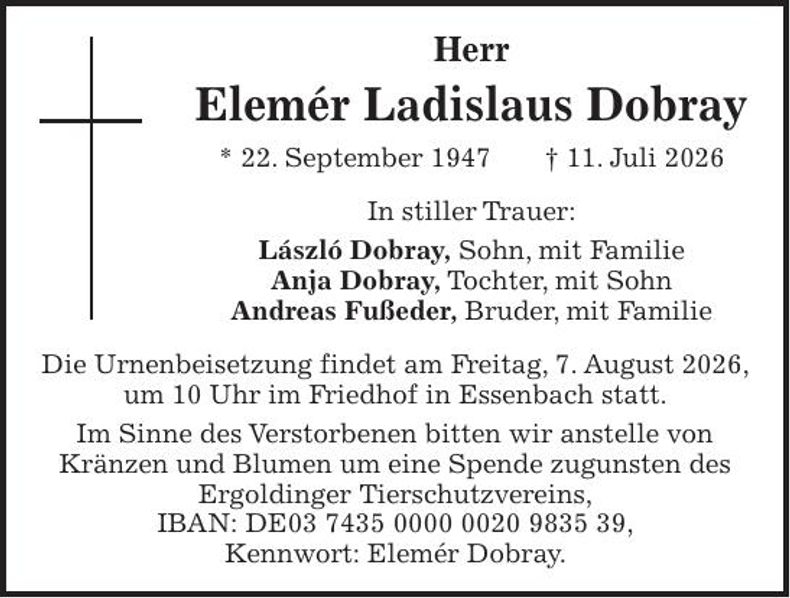 Traueranzeige Elemèr Ladislaus Dobray