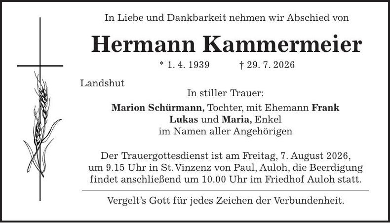 Traueranzeige Hermann Kammermeier