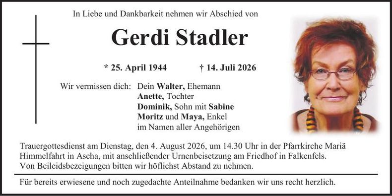 Traueranzeige Gerdi Stadler