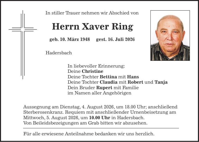 Traueranzeige Xaver Ring