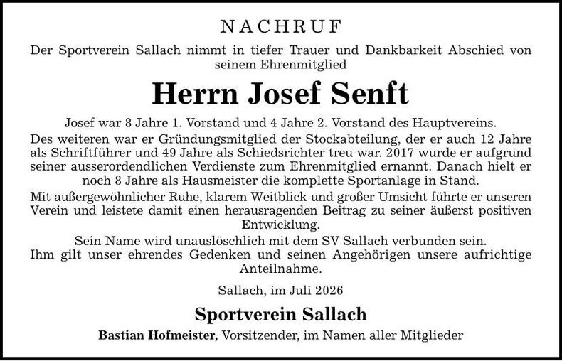 Traueranzeige Josef Senft