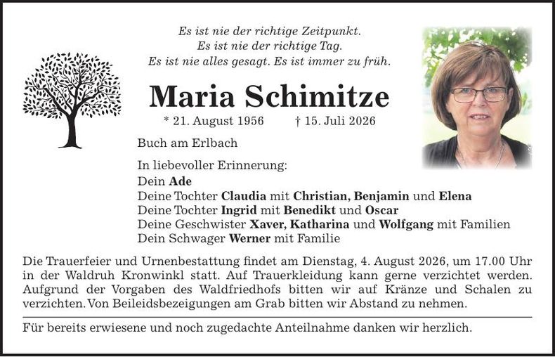 Traueranzeige Maria Schimitze