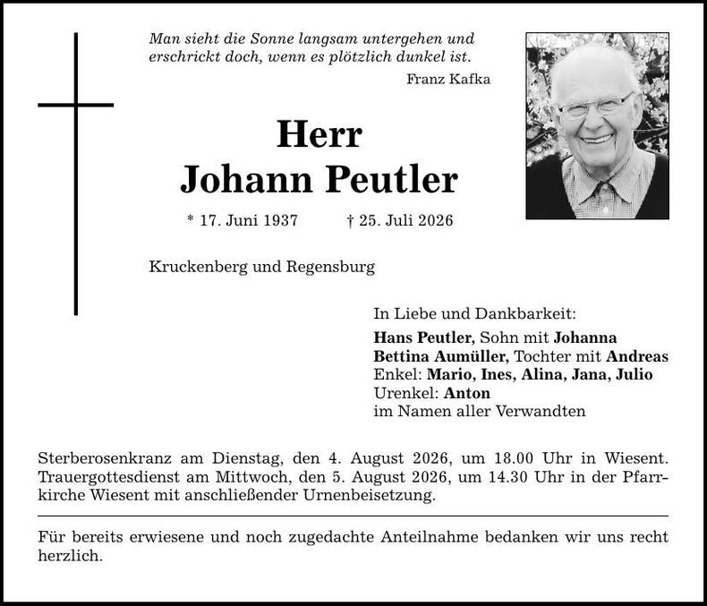 Traueranzeige Johann Peutler