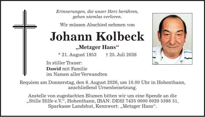 Traueranzeige Johann Kolbeck