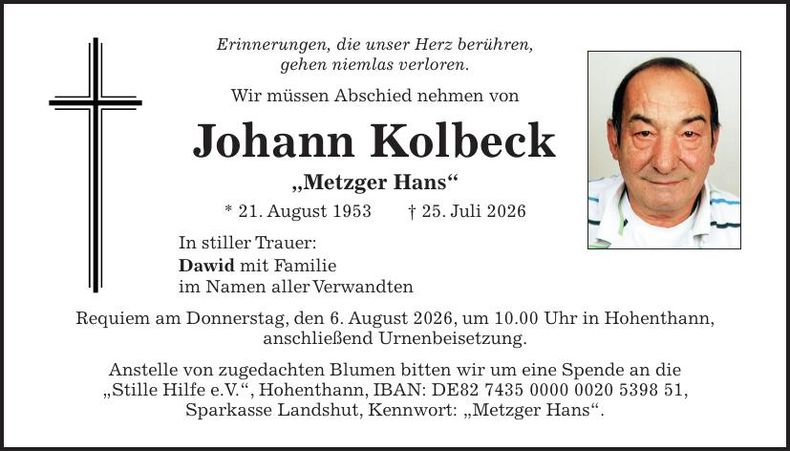 Traueranzeige Johann Kolbeck