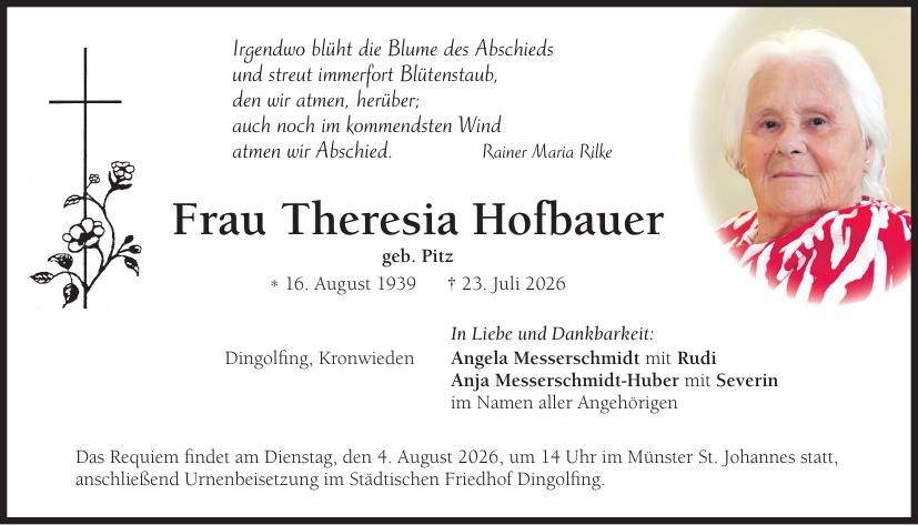 Traueranzeige Theresia Hofbauer