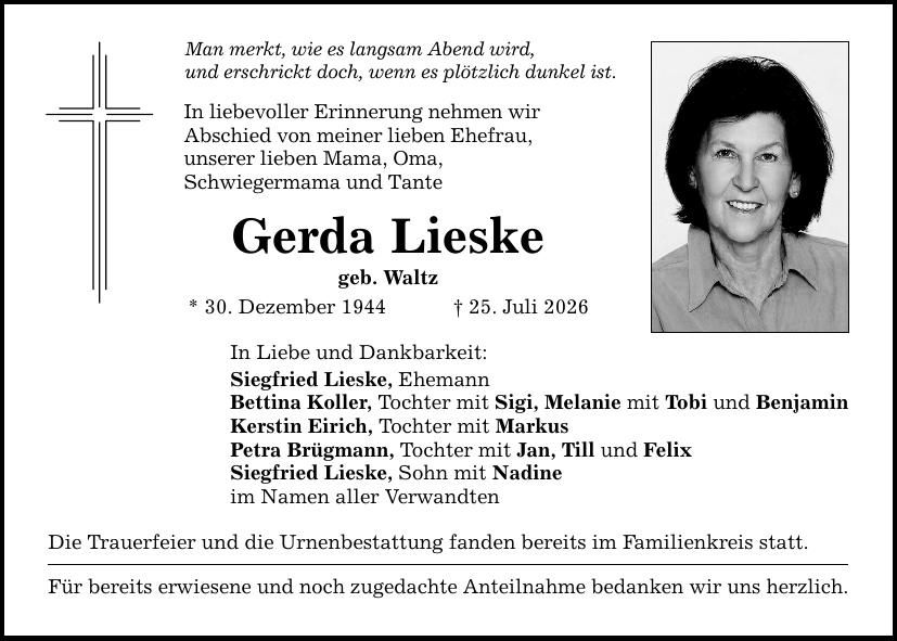 Traueranzeige Gerda Lieske