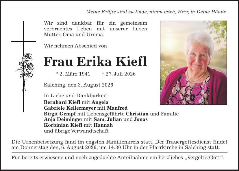 Traueranzeige Erika Kiefl