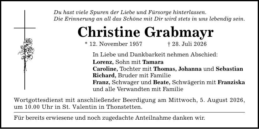 Traueranzeige Christine Grabmayr