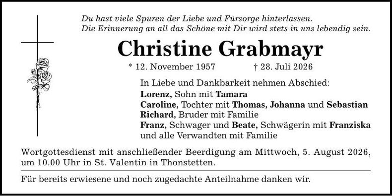 Traueranzeige Christine Grabmayr