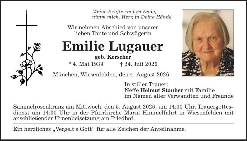 Traueranzeige Emilie Lugauer
