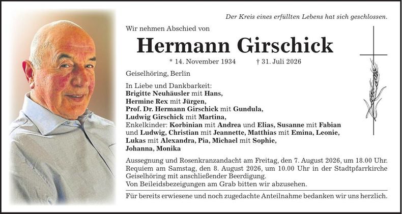Traueranzeige Hermann Girschick