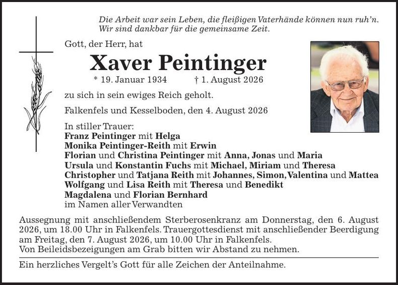 Traueranzeige Xaver Peintinger