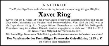 Traueranzeige Xaver Ring