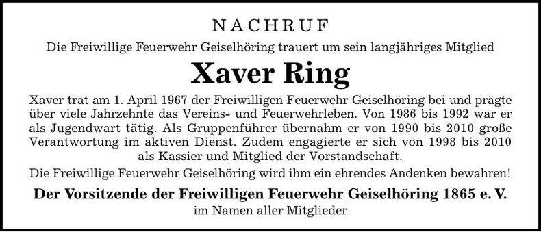 Traueranzeige Xaver Ring