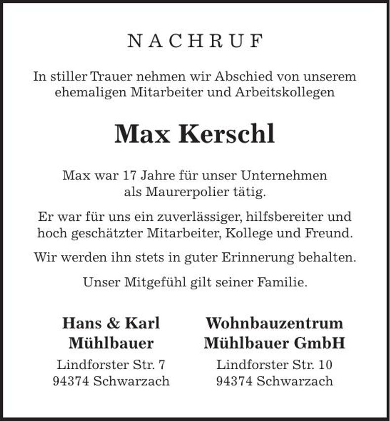 Traueranzeige Max Kerschl