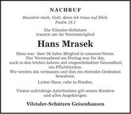 Traueranzeige Hans Mrasek