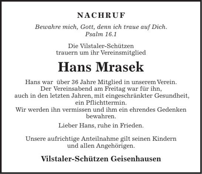 Traueranzeige Hans Mrasek
