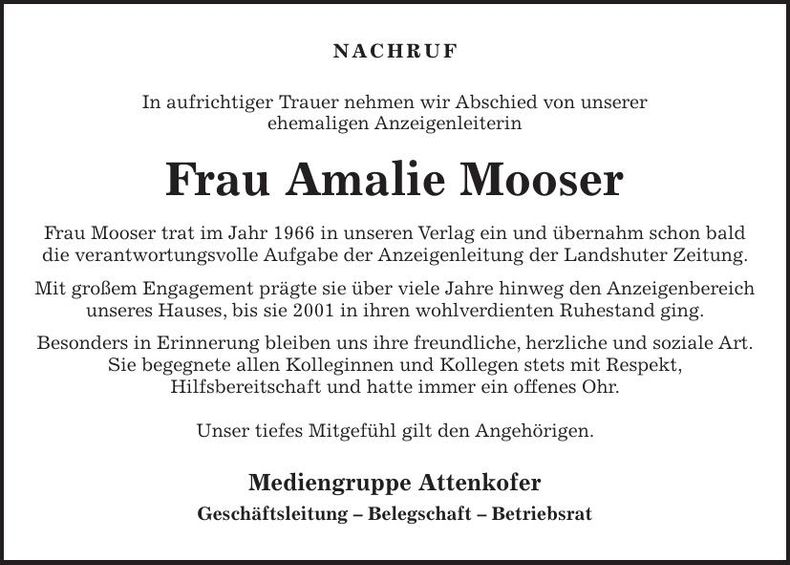 Traueranzeige Amalie Moser