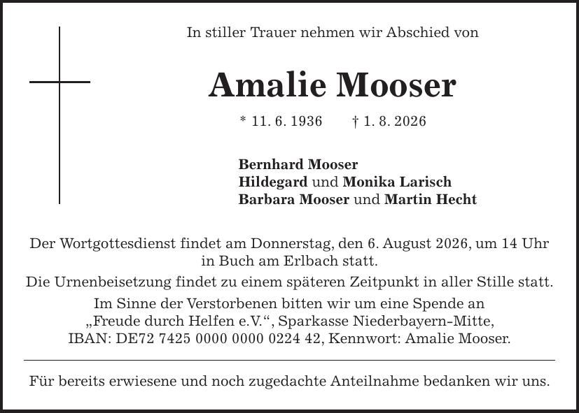 Traueranzeige Amalie Mooser