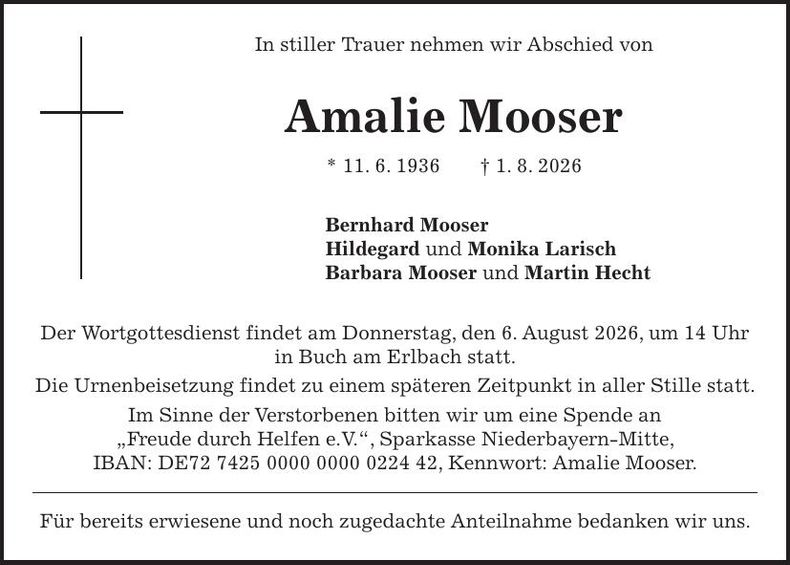 Traueranzeige Amalie Mooser