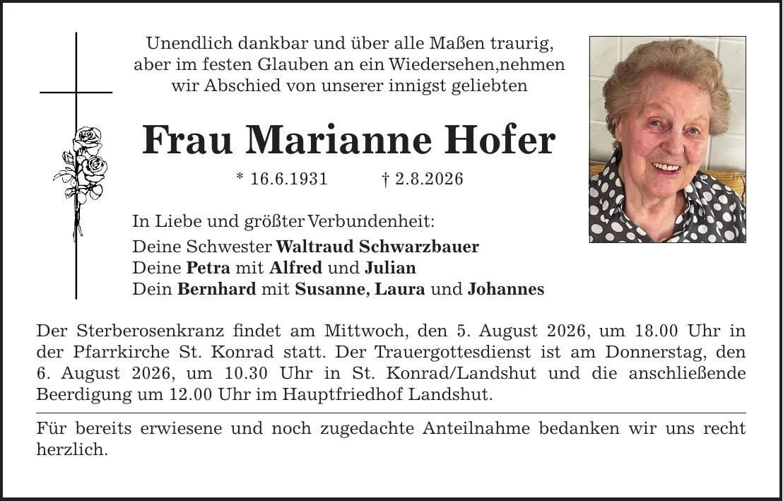 Traueranzeige Marianne Hofer