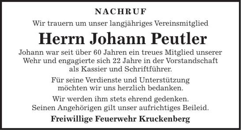 Traueranzeige Johann Peutler
