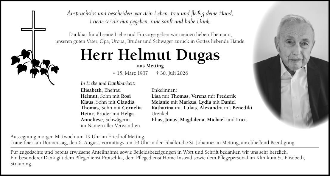 Traueranzeige Helmut Dugas