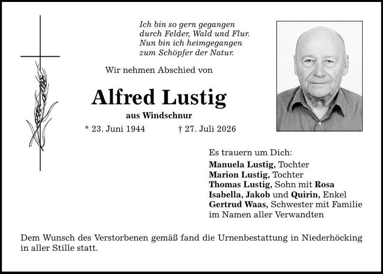 Traueranzeige Alfred Lustig
