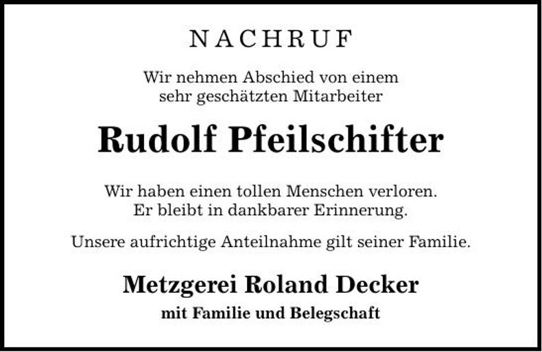 Traueranzeige Rudolf Pfeilschifter 