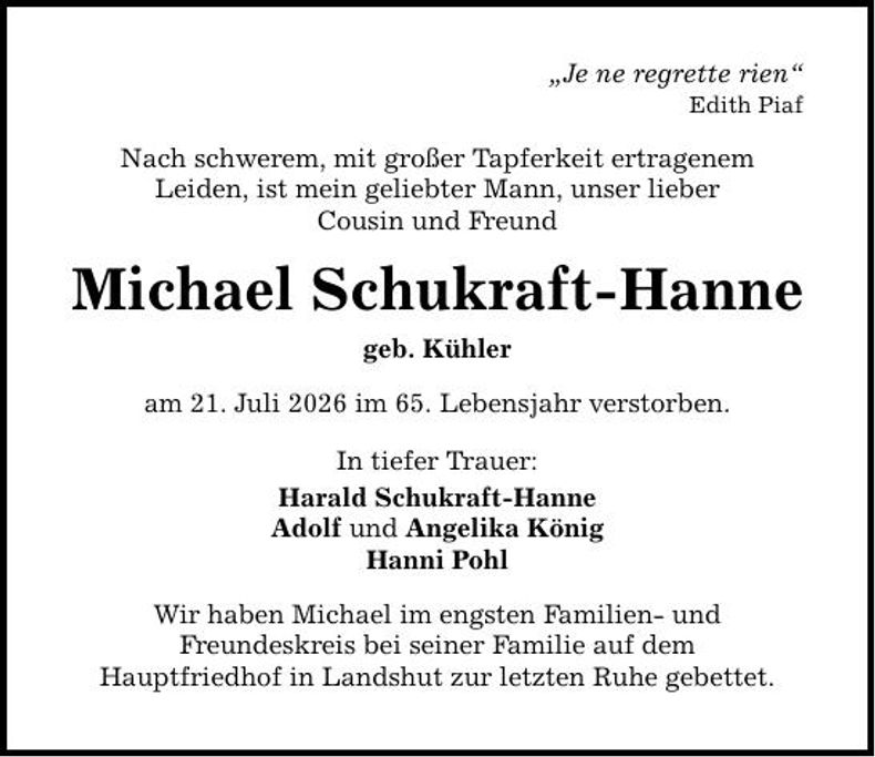 Traueranzeige Michael Schukraft-Hanne