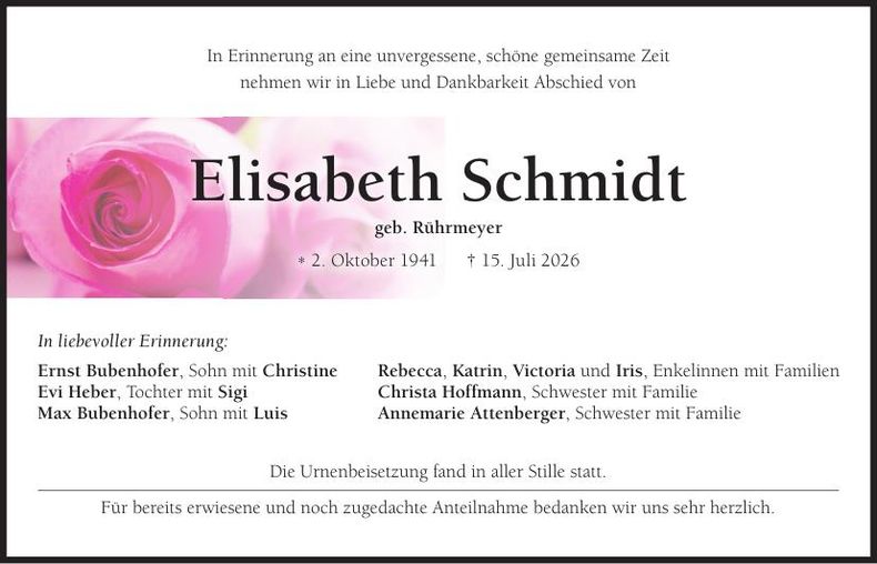 Traueranzeige Elisabeth Schmidt