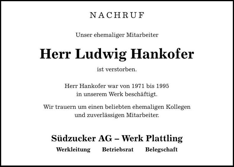 Traueranzeige Ludwig Hankofer
