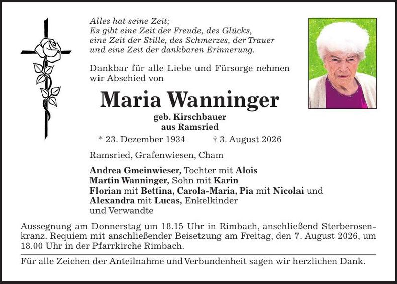 Traueranzeige Maria Wanninger
