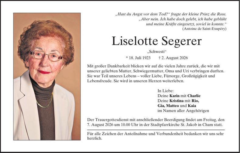Traueranzeige Liselotte Segerer