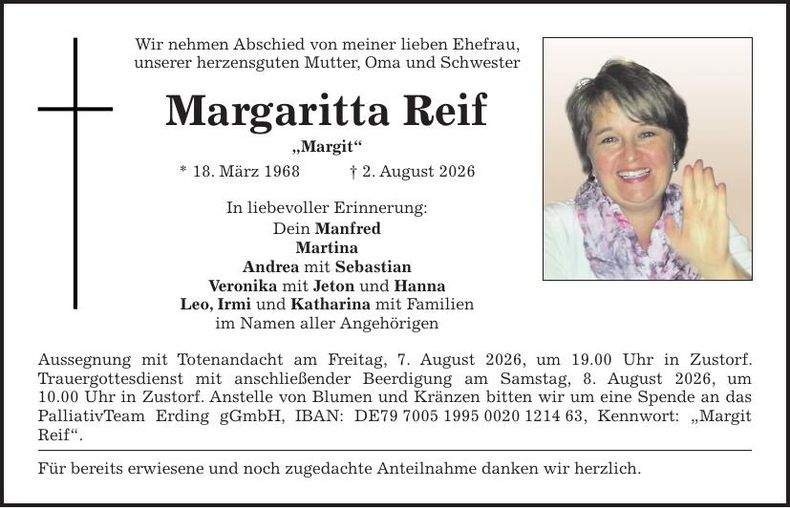 Traueranzeige Margaritta Reif