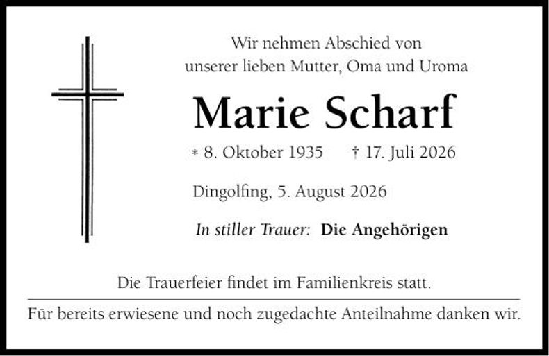 Traueranzeige Marie Scharf