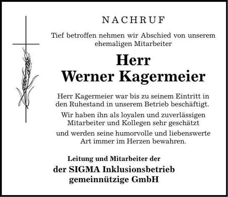 Traueranzeige Werner Kagermeier