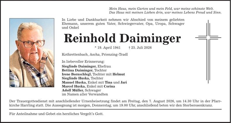 Traueranzeige Daiminger Reinhold