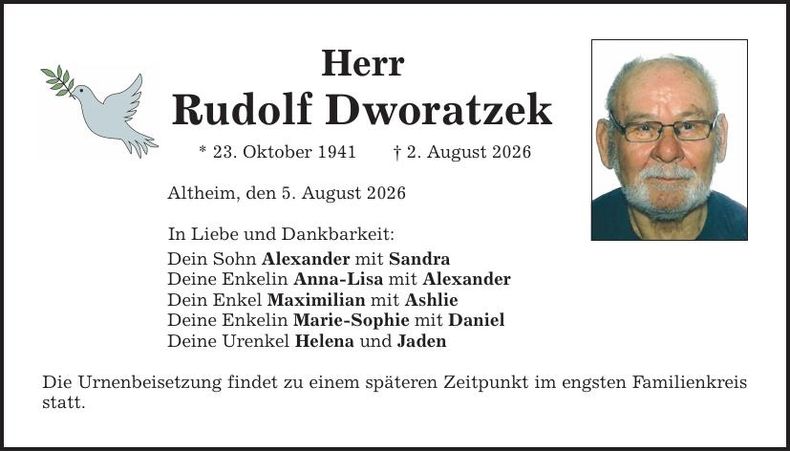 Traueranzeige Rudolf Dworatzek