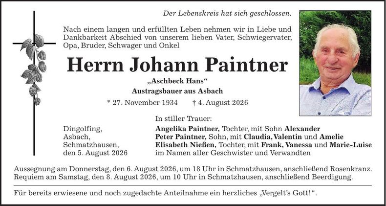 Traueranzeige Johann Paintner
